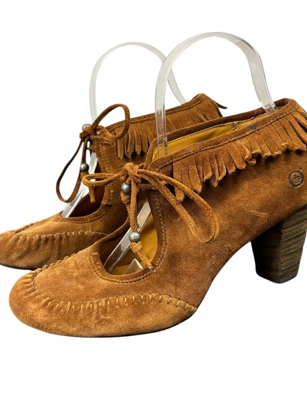 Born Corby Women’s Brown Suede Tie Moccassin fringe Heels Size US 8.5M EU 40